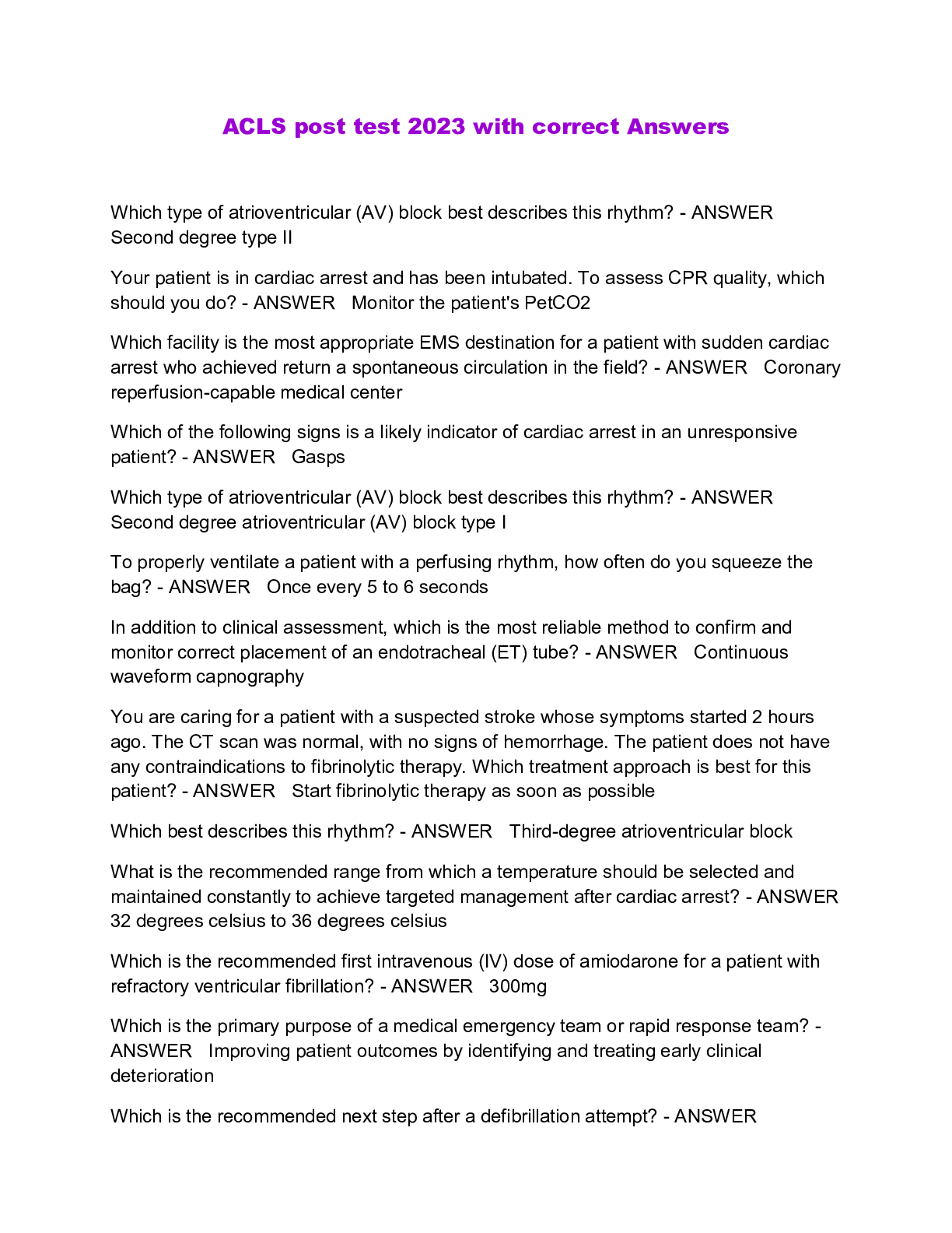 ACLS post test 2023 with correct Answers Browsegrades